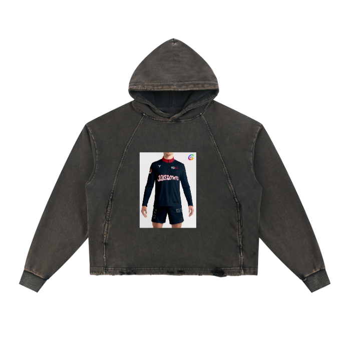Vintage Washed Frayed-Hem Hoodie - Black Front