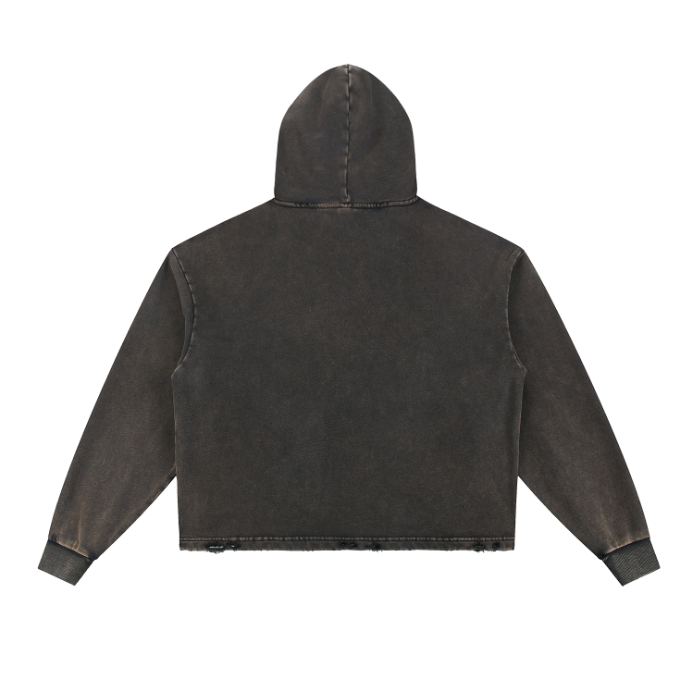 Vintage Washed Frayed-Hem Hoodie - Black Back