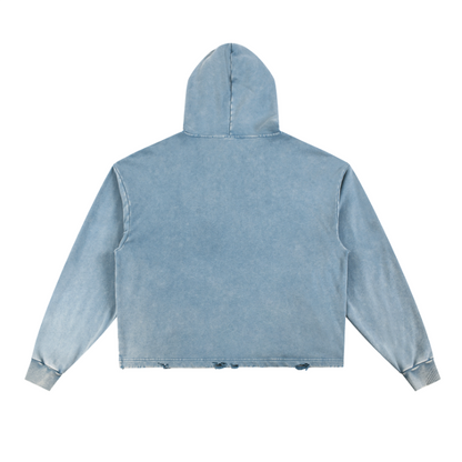 Vintage Washed Frayed-Hem Hoodie - Washed Blue Back