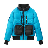 Convertible Blue Puffer with Zip Off Hood Bib