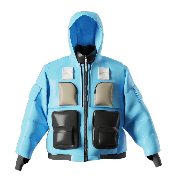 Convertible Blue Puffer with Zip Off Hood Bib