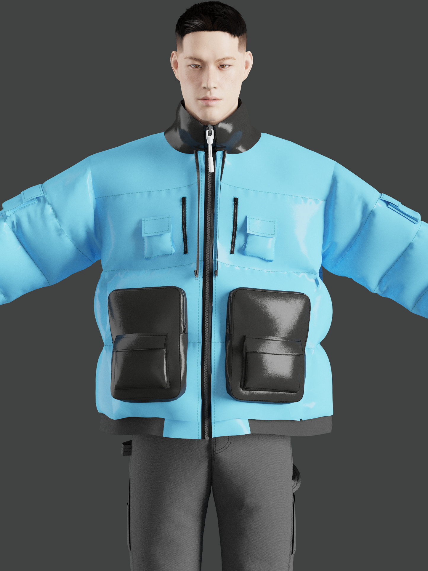 Convertible Blue Puffer with Zip Off Hood Bib