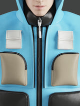 Convertible Blue Puffer with Zip Off Hood Bib