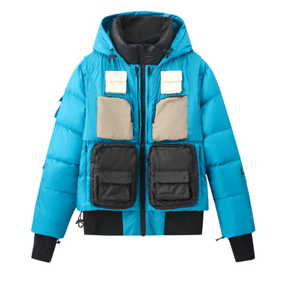 Convertible Blue Puffer with Zip Off Hood Bib